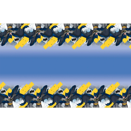 Batman-themed border with blue center and yellow accents