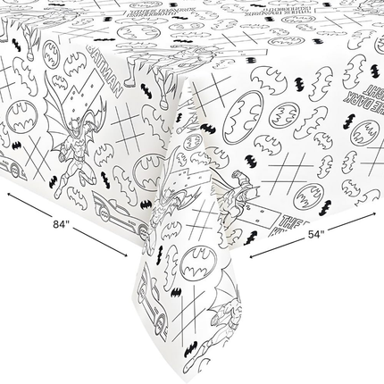 Batman-themed table cover with black line art on a white background