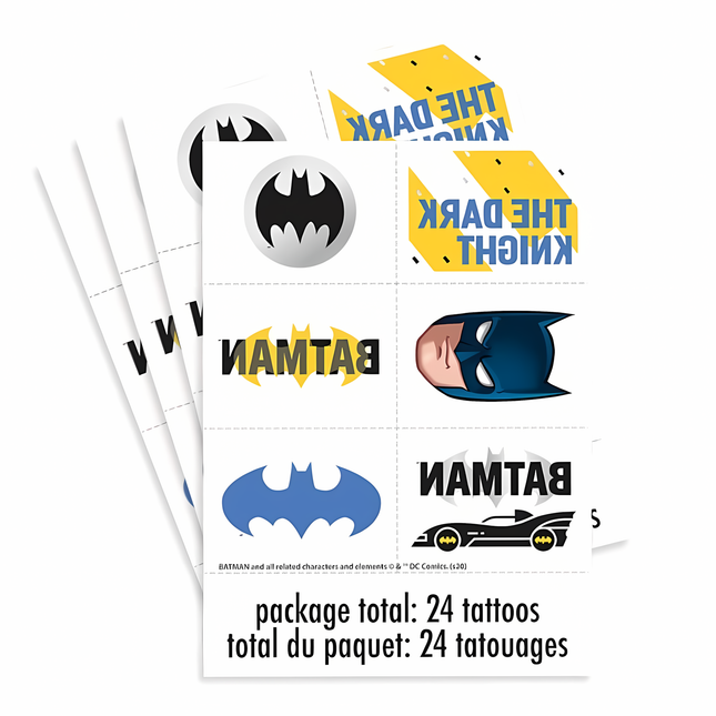 Batman tattoos with various logos on a white background