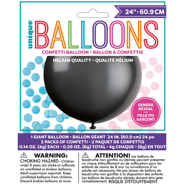 Black Giant Gender Reveal Latex Balloon with Confetti, 24"