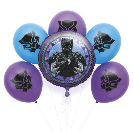 Black Panther-themed balloons with a central foil balloon featuring the superhero.