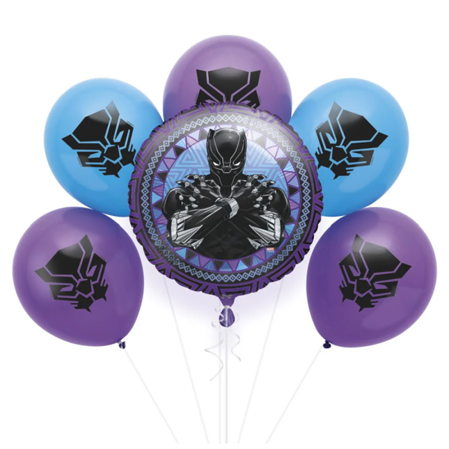 Black Panther-themed balloons with a central foil balloon featuring the superhero.