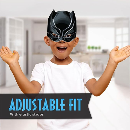 Child wearing a black panther
 mask with a superhero design, with text about adjustable fit.
