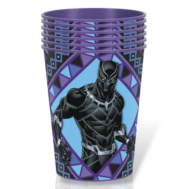 Set of four Black Panther-themed plastic cups with geometric design on a white background