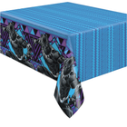 Tablecloth with Black Panther design on a blue geometric patterned background