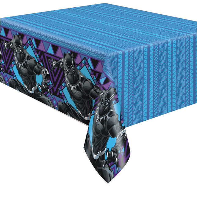 Tablecloth with Black Panther design on a blue geometric patterned background