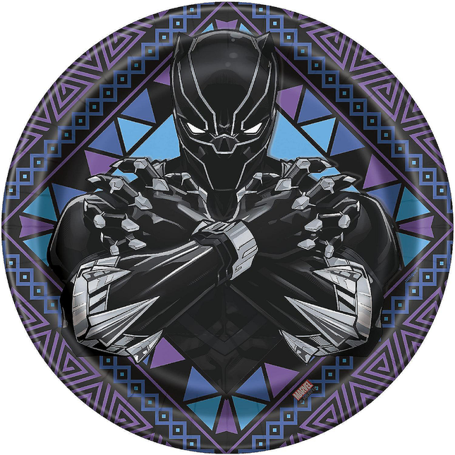 Black Panther character on a decorative plate with geometric patterns