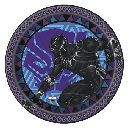 Black Panther plate with geometric design on a white background