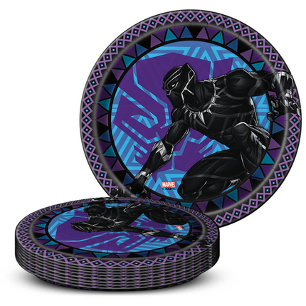 Black Panther-themed paper plates with geometric design on a white background