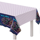 Tablecloth with 'Wakanda Forever' design featuring a superhero character on a white background.