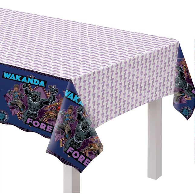 Tablecloth with 'Wakanda Forever' design featuring a superhero character on a white background.