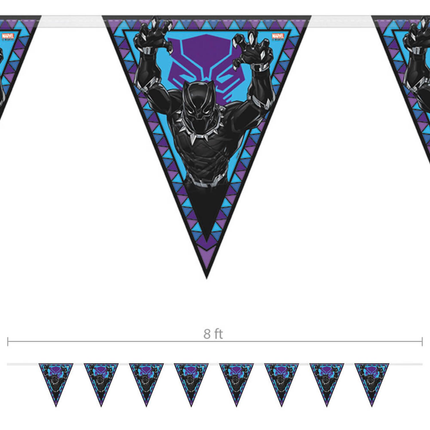 Black Panther-themed party banner with geometric design on a white background