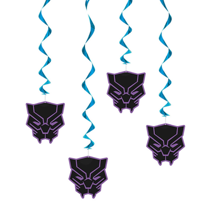 Black Panther logo decorations with blue and white ribbons on a white background