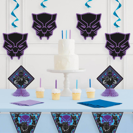 Black Panther-themed party decorations including tableware, cake, and wall hangings on a white background.