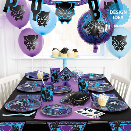 Table setting with Black Panther-themed plates, cups, and balloons.
