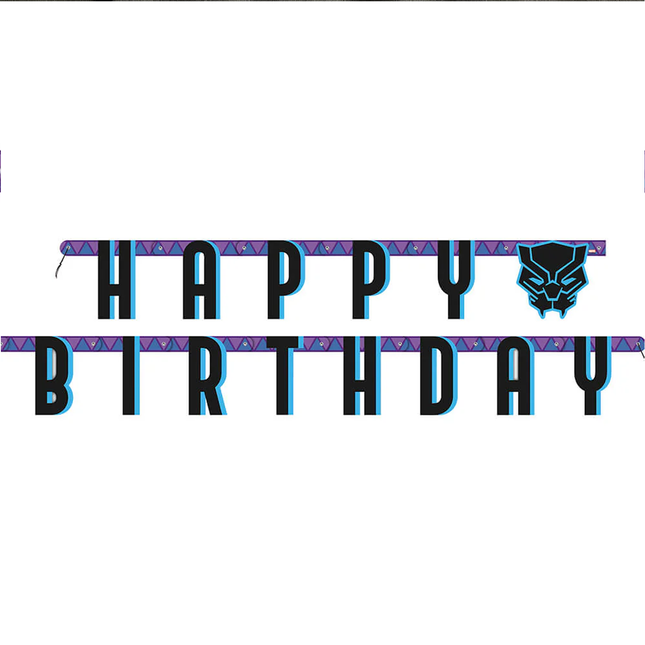 Happy Birthday banner with Black Panther logo on a white background