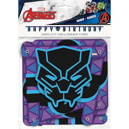 Marvel Avengers Black Panther birthday banner packaging with purple and blue design.