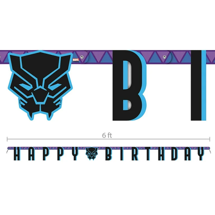 Black Panther-themed birthday banner with 'Happy Birthday' text and panther logo.