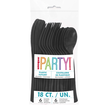 Black Solid Assorted Plastic Cutlery, 18ct