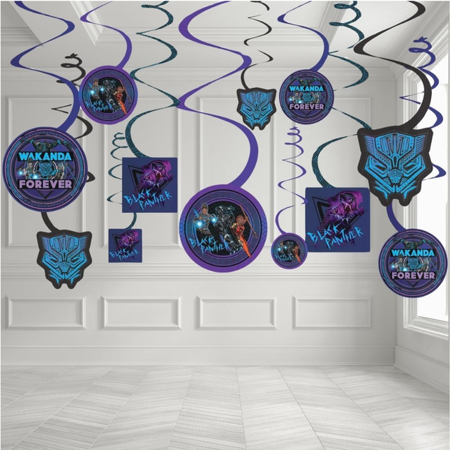 Decorative hanging swirls with Black Panther theme on a white wall.