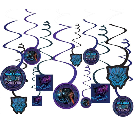 Decorative hanging swirls with 'Black Panther' and 'Wakanda Forever' text on a white background