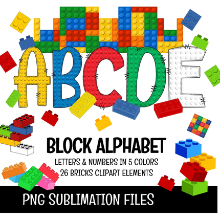 Colorful block alphabet letters and numbers on a white background with Lego-style bricks.