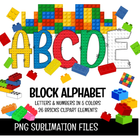 Colorful block alphabet letters and numbers on a white background with Lego-style bricks.