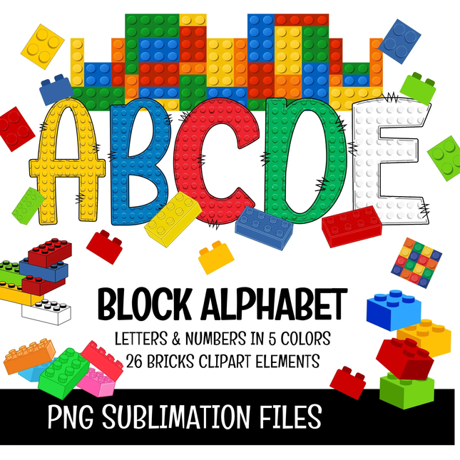 Colorful block alphabet letters and numbers on a white background with Lego-style bricks.