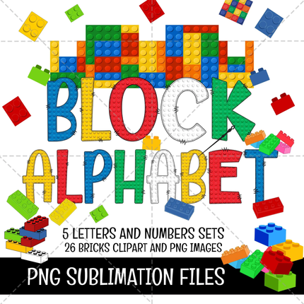 Colorful block alphabet letters and numbers with building blocks on a white background