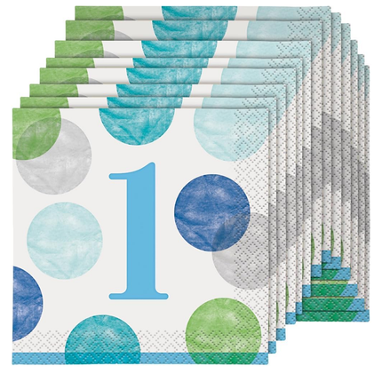 Blue Dots 1st Birthday Beverage Napkins, 16ct