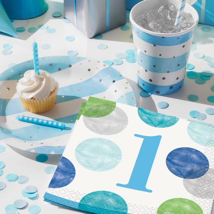 Blue Dots 1st Birthday Beverage Napkins, 16ct