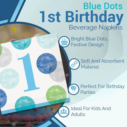 Blue Dots 1st Birthday Beverage Napkins, 16ct