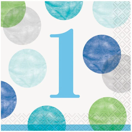 Blue Dots 1st Birthday Beverage Napkins, 16ct - product detail included in the set