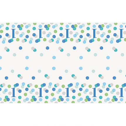 Blue Dots 1st Birthday Plastic Table Cover, 54" x 84"