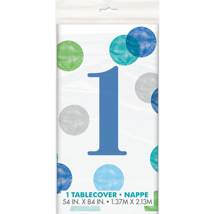Blue Dots 1st Birthday Plastic Table Cover, 54" x 84"