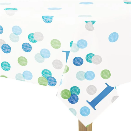 Blue Dots 1st Birthday Plastic Table Cover, 54" x 84" - product detail included in the set