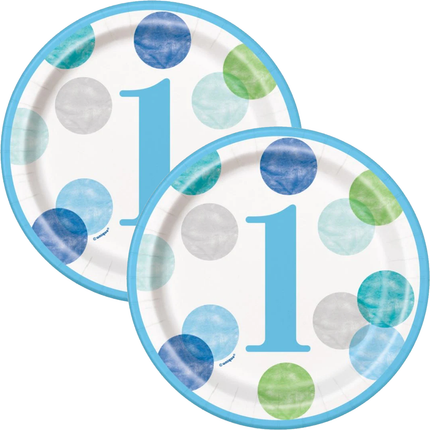Blue Dots 1st Birthday Round Dessert Plates 7", 8ct - product detail included in the set
