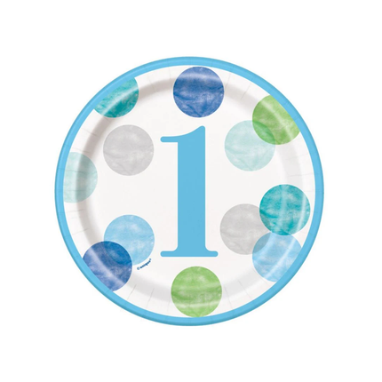 Blue Dots 1st Birthday Round Dessert Plates 7", 8ct
