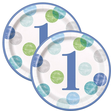 Blue Dots 1st Birthday Round 9" Dinner Plates, 8ct