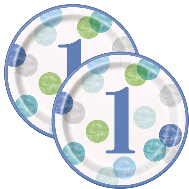 Blue Dots 1st Birthday Round 9" Dinner Plates, 8ct