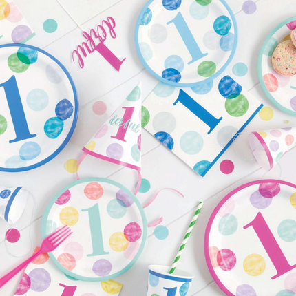Blue Dots 1st Birthday Round 9" Dinner Plates, 8ct