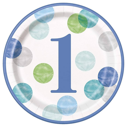 Blue Dots 1st Birthday Round 9" Dinner Plates, 8ct