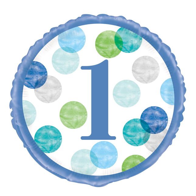 Blue Dots 1st Birthday Round Foil Balloon 18"