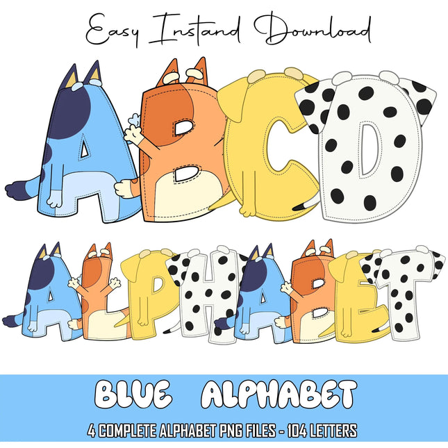 Bluey Doodle Alphabet Letters PNG Bundle Instant Download