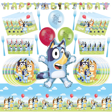 Bluey-themed birthday party supplies including plates, cups, and balloons with cartoon characters on a blue background.