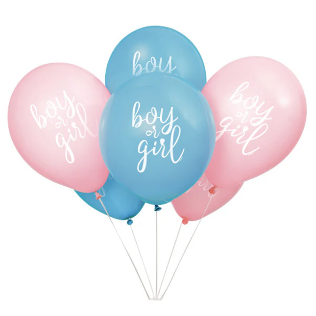 Balloons with 'boy' and 'girl' text in blue and pink on a white background