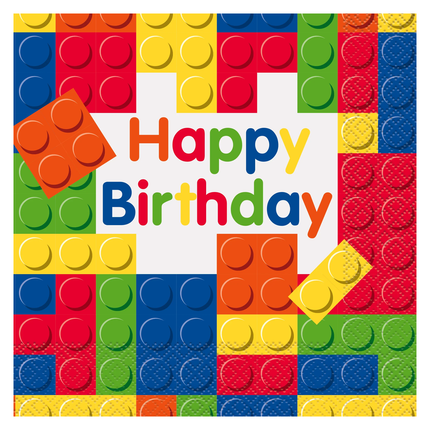 LEGO Colorful 'Happy Birthday' text surrounded by building block designs on a white background
