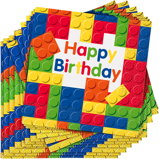 LEGO Colorful 'Happy Birthday' party napkins with a block design.