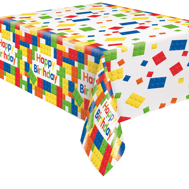 LEGO Colorful tablecloth with building block design and 'Happy Birthday' text on a white background