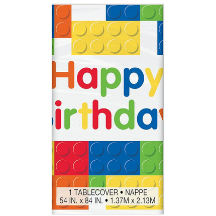 LEGO Colorful 'Happy Birthday' tablecover with block design on a white background